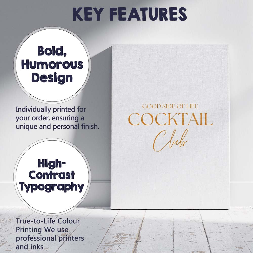 Elegant Gold Cocktail Club Typography Quote Minimalist Canvas Wall Art Print Decor Picture Ready to Hang