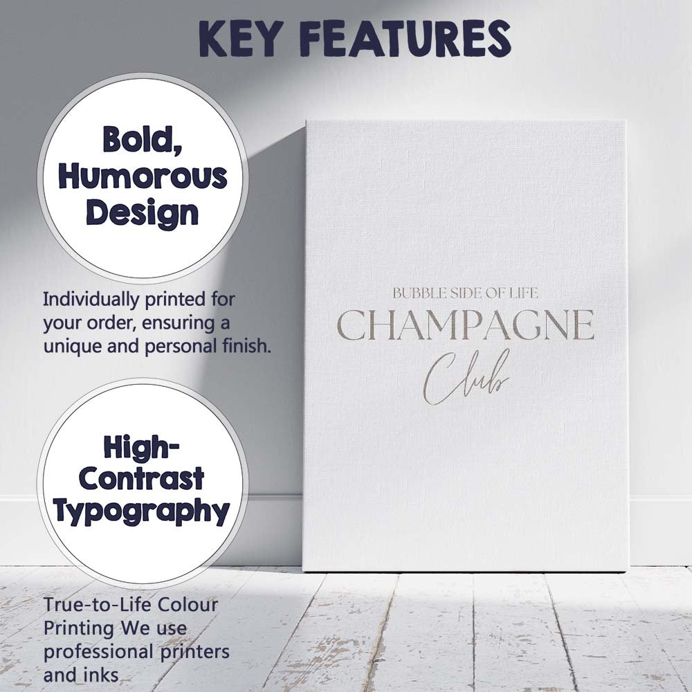 Minimalist Taupe Champagne Club Typography Quote Canvas Wall Art Print Decor Picture Ready to Hang