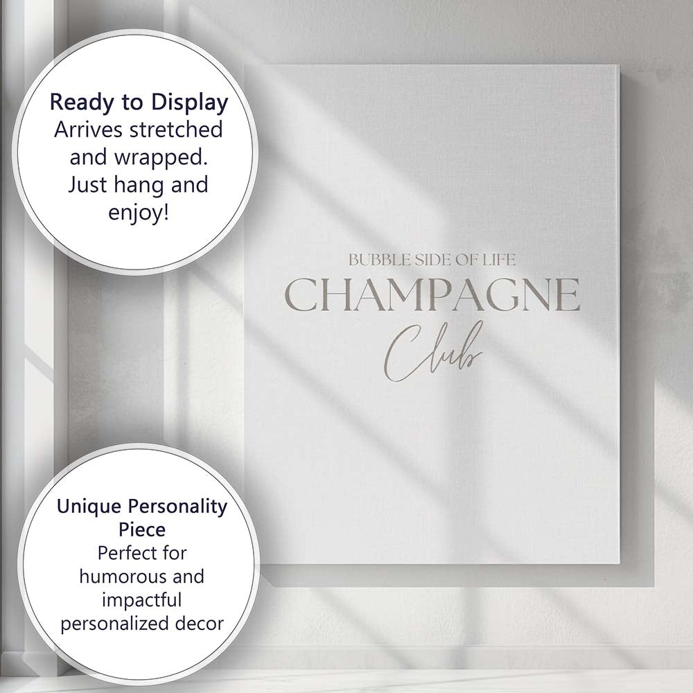 Minimalist Taupe Champagne Club Typography Quote Canvas Wall Art Print Decor Picture Ready to Hang