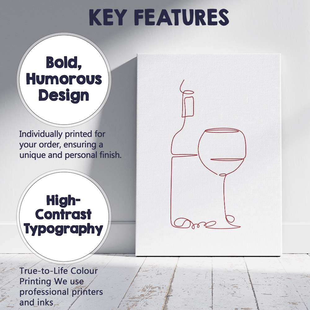 Minimalist Burgundy One Line Wine Bottle And Glass Continuous Line Drawing Canvas Wall Art Print Decor Picture Ready to Hang