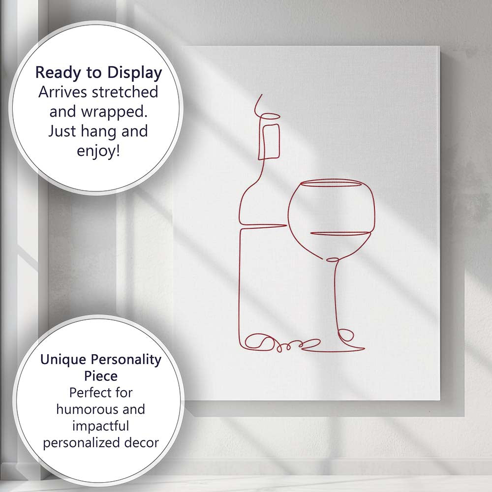 Minimalist Burgundy One Line Wine Bottle And Glass Continuous Line Drawing Canvas Wall Art Print Decor Picture Ready to Hang