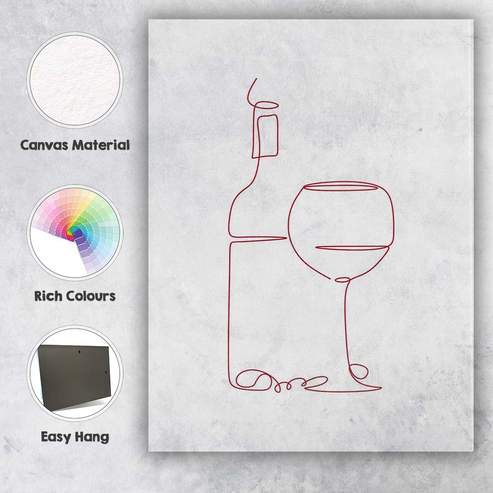 Minimalist Burgundy One Line Wine Bottle And Glass Continuous Line Drawing Canvas Wall Art Print Decor Picture Ready to Hang