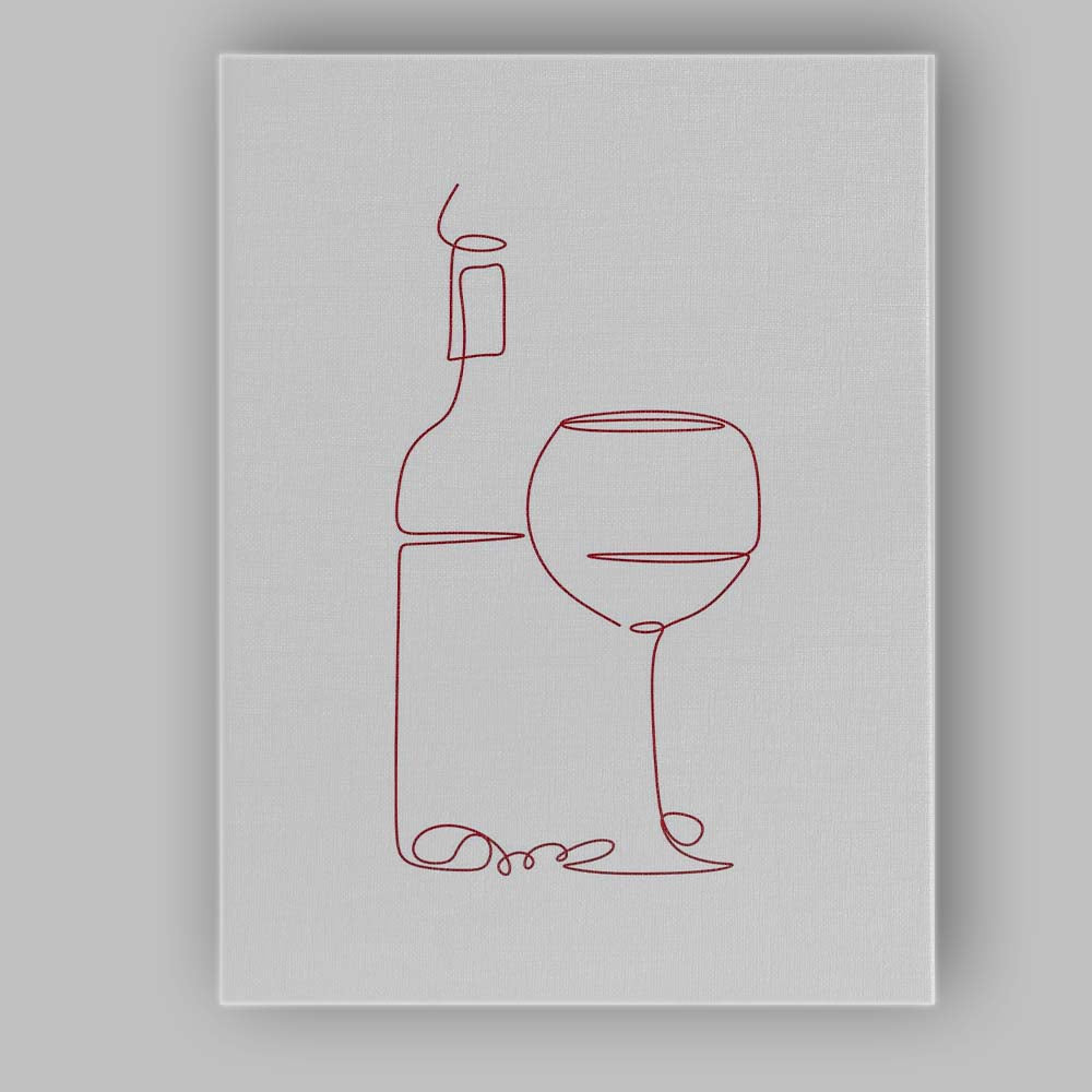 Minimalist Burgundy One Line Wine Bottle And Glass Continuous Line Drawing Canvas Wall Art Print Decor Picture Ready to Hang