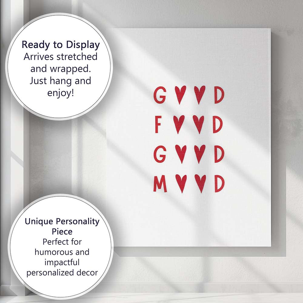 Minimalist Good Food Good Mood Red Heart Typography Quote Canvas Wall Art Print Decor Picture Ready to Hang