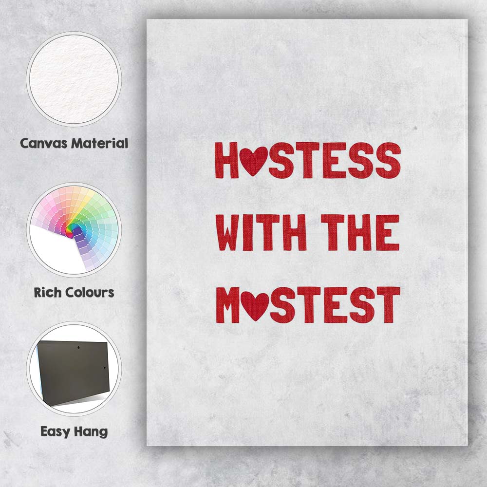 Funny Hostess With The Mostest Red Typography Quote Canvas Wall Art Print Decor Picture Ready to Hang