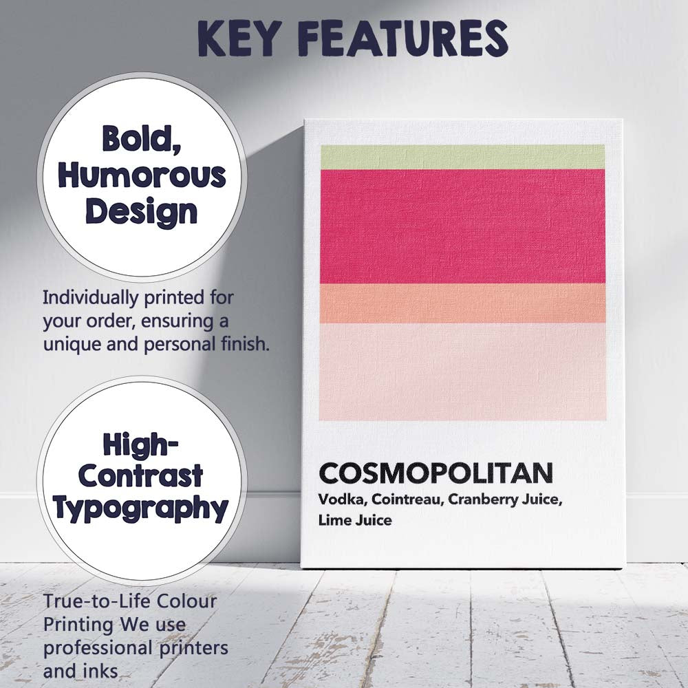 Modern Cosmopolitan Cocktail Recipe Colour Block Kitchen Print Canvas Wall Art Print Decor Picture Ready to Hang