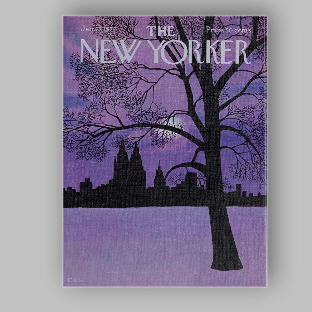Moonlit Winter Tree City Skyline Silhouette Illustration Canvas Wall Art Print Decor Picture Ready to Hang