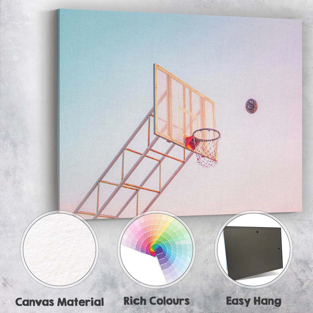 Pastel Basketball Hoop Blue Sky Sports Photography Canvas Wall Art Print Decor Picture Ready to Hang