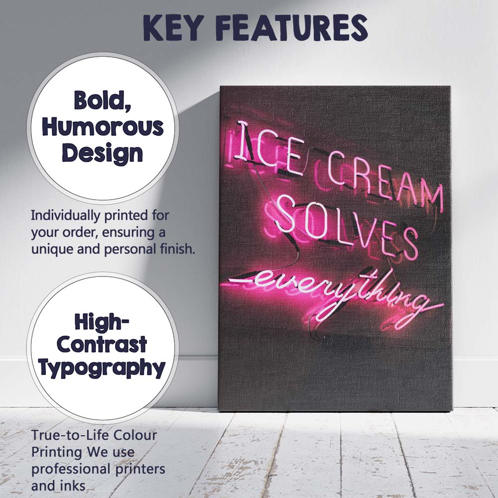 Ice Cream Solves Everything Pink Neon Quote Canvas Wall Art Print Decor Picture Ready to Hang