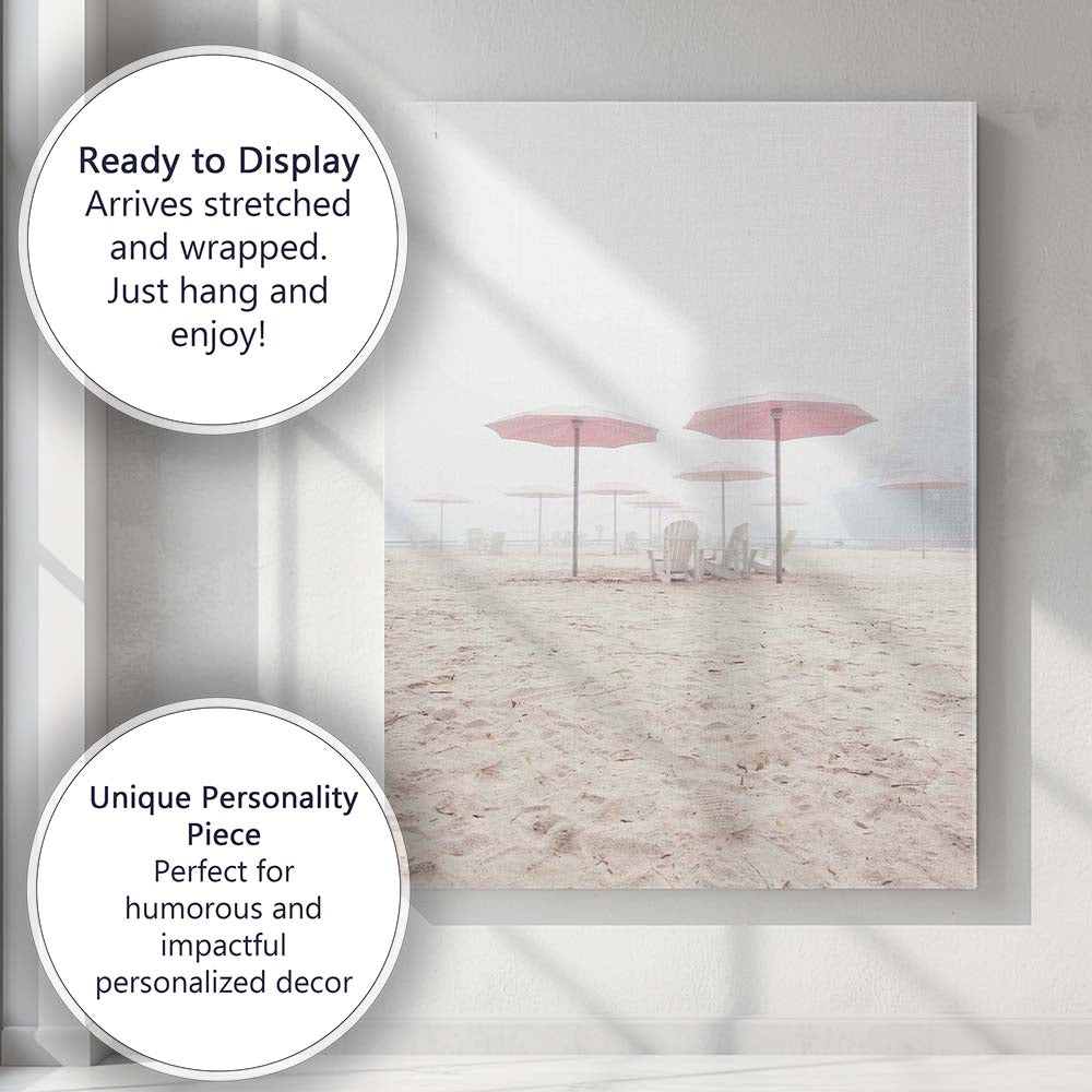 Foggy Pink Beach Umbrellas Coastal Landscape Canvas Wall Art Print Decor Picture Ready to Hang