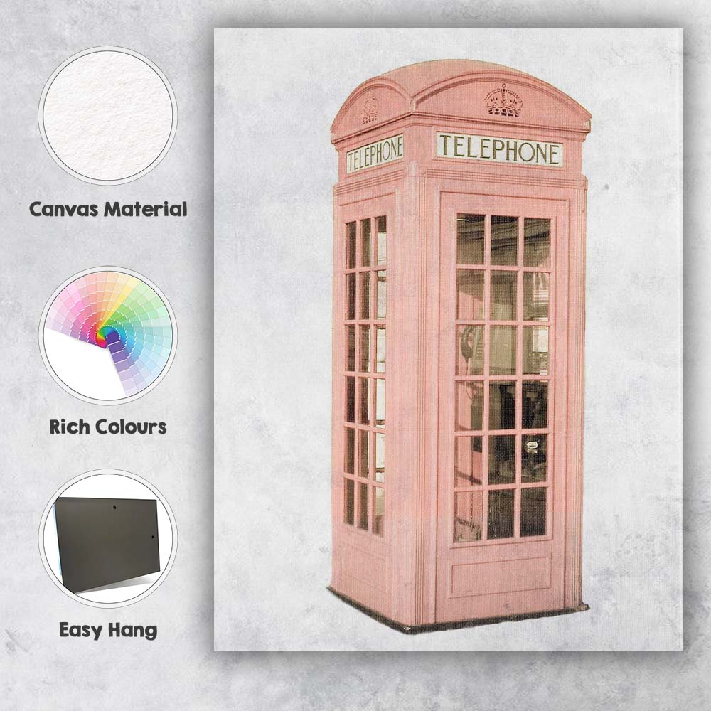 Pastel Pink British Telephone Box Minimalist Photography Canvas Wall Art Print Decor Picture Ready to Hang