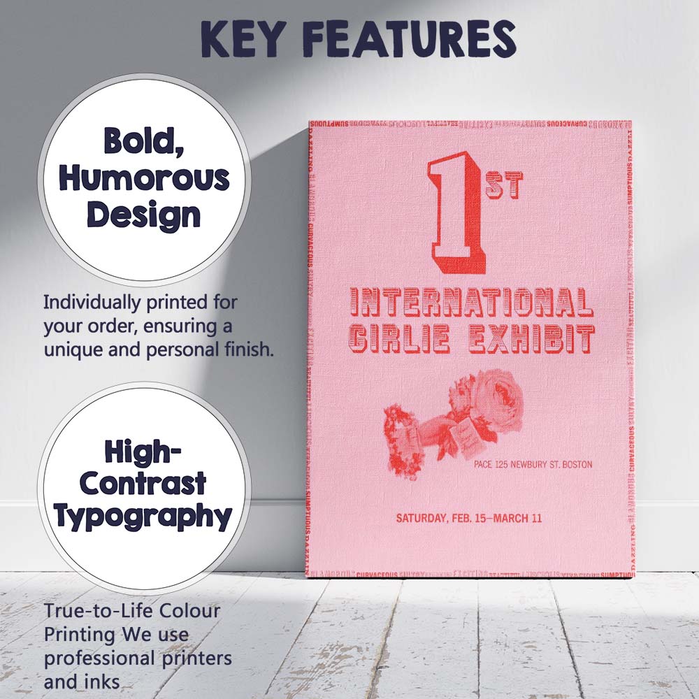 First International Girlie Exhibit Retro Pink Typography Poster Canvas Wall Art Print Decor Picture Ready to Hang