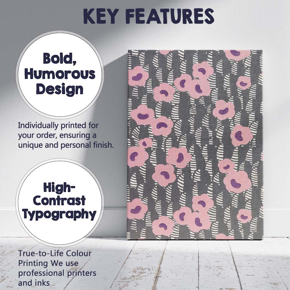 Abstract Pink Floral Grey Striped Botanical Pattern Canvas Wall Art Print Decor Picture Ready to Hang