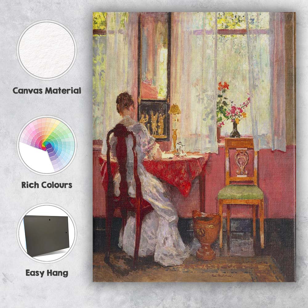 Impressionist Woman Reading by Sunlit Window Interior Painting Canvas Wall Art Print Decor Picture Ready to Hang