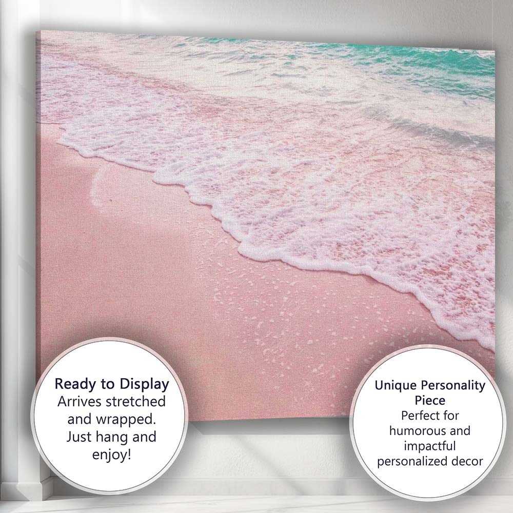 Soft Pink Sandy Beach Ocean Waves Coastal Photography Canvas Wall Art Print Decor Picture Ready to Hang