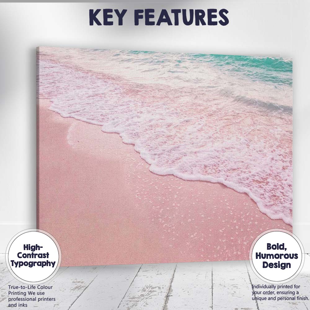 Soft Pink Sandy Beach Ocean Waves Coastal Photography Canvas Wall Art Print Decor Picture Ready to Hang