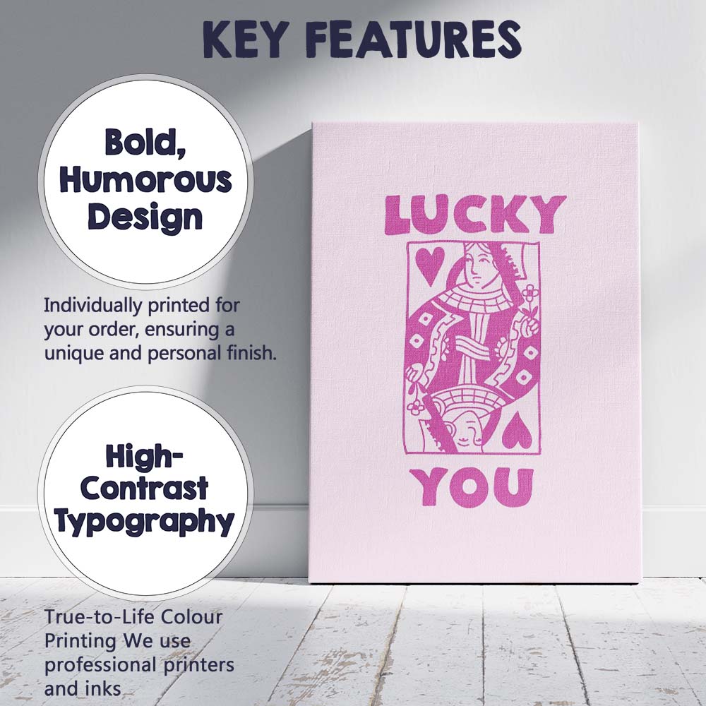 Lucky You Playing Card Queen Retro Typography Canvas Wall Art Print Decor Picture Ready to Hang