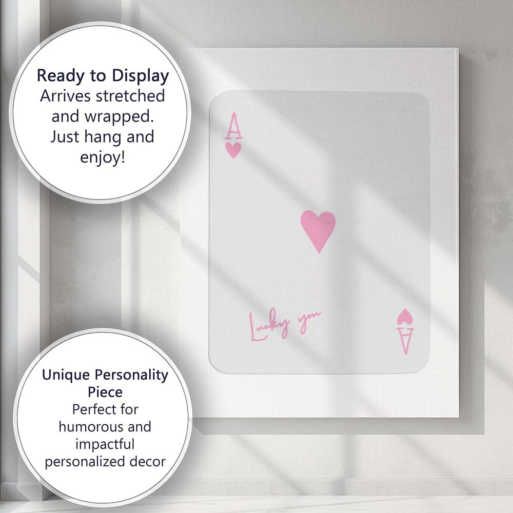 Lucky You Pink Ace of Hearts Minimalist Typography Canvas Wall Art Print Decor Picture Ready to Hang