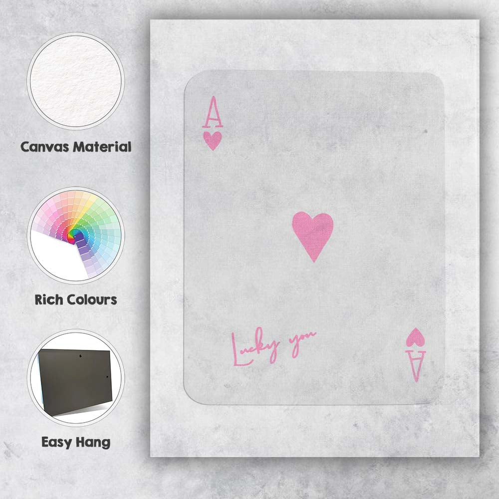 Lucky You Pink Ace of Hearts Minimalist Typography Canvas Wall Art Print Decor Picture Ready to Hang
