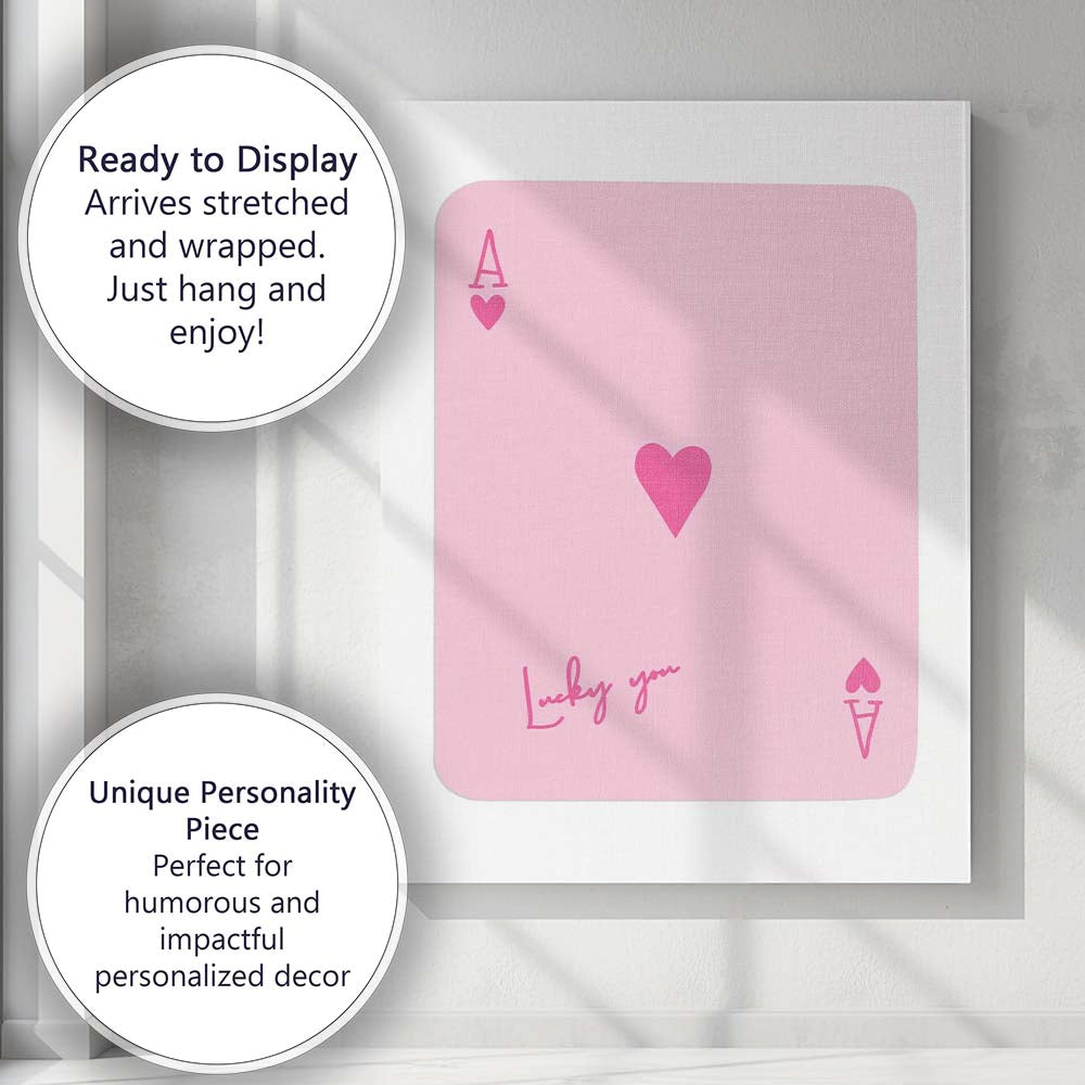 Lucky You Pink Hearts Playing Card Minimalist Design Canvas Wall Art Print Decor Picture Ready to Hang