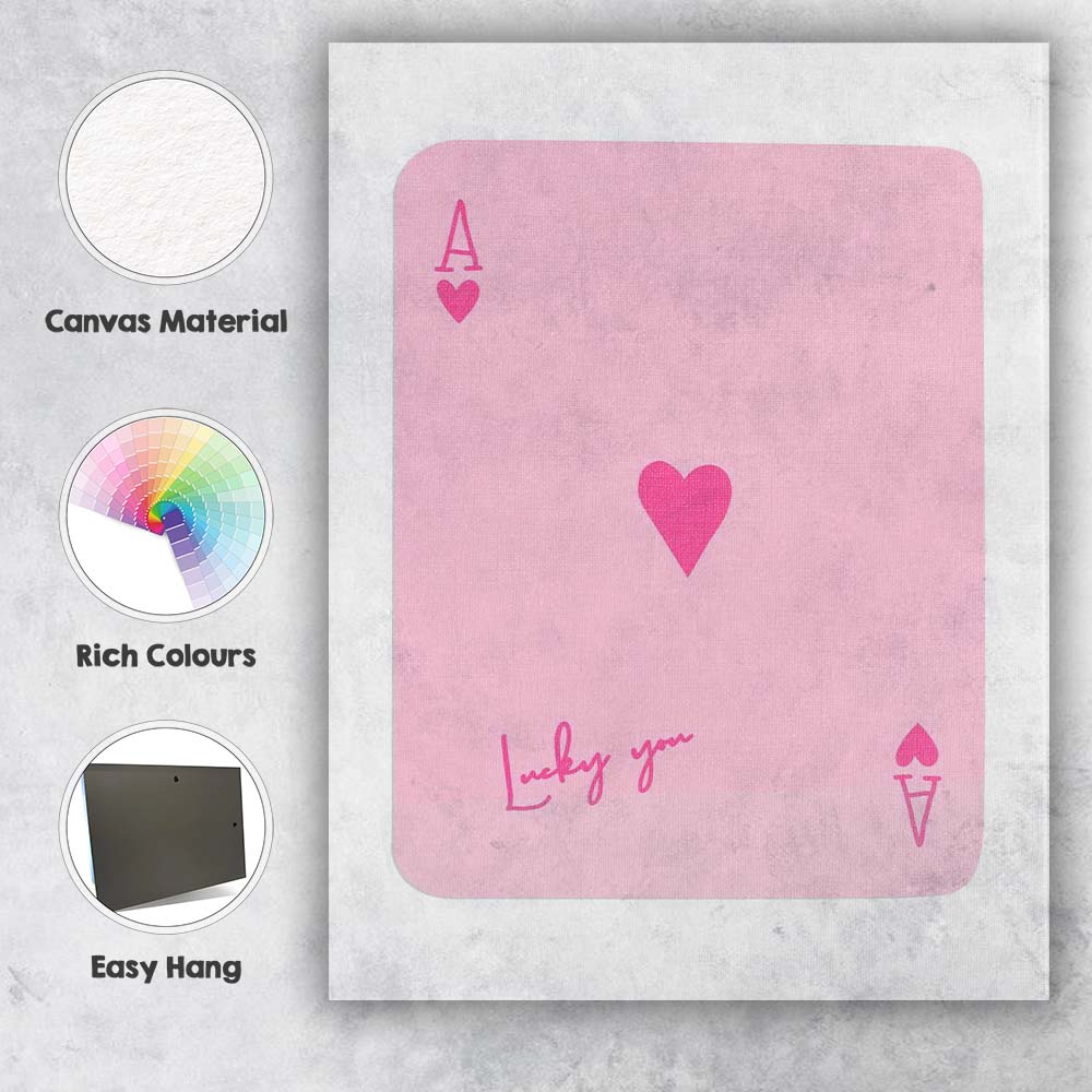 Lucky You Pink Hearts Playing Card Minimalist Design Canvas Wall Art Print Decor Picture Ready to Hang