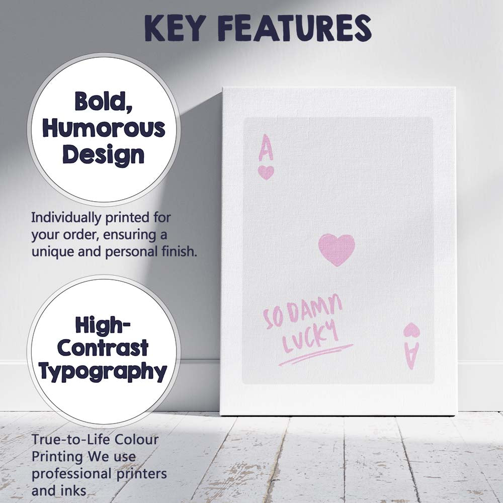 So Damn Lucky Pink Heart Playing Card Typography Canvas Wall Art Print Decor Picture Ready to Hang