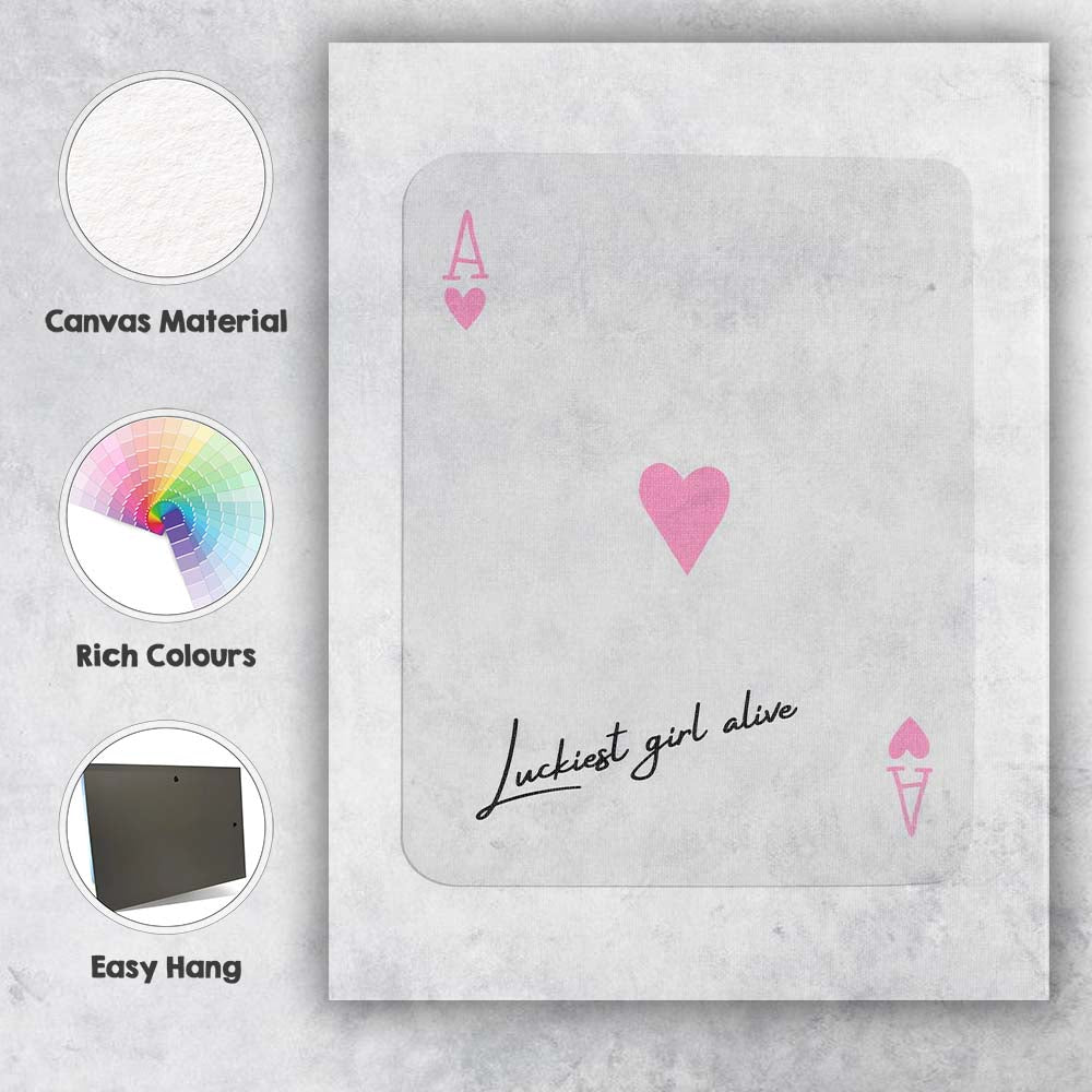 Luckiest Girl Alive Pink Heart Playing Card Quote Canvas Wall Art Print Decor Picture Ready to Hang
