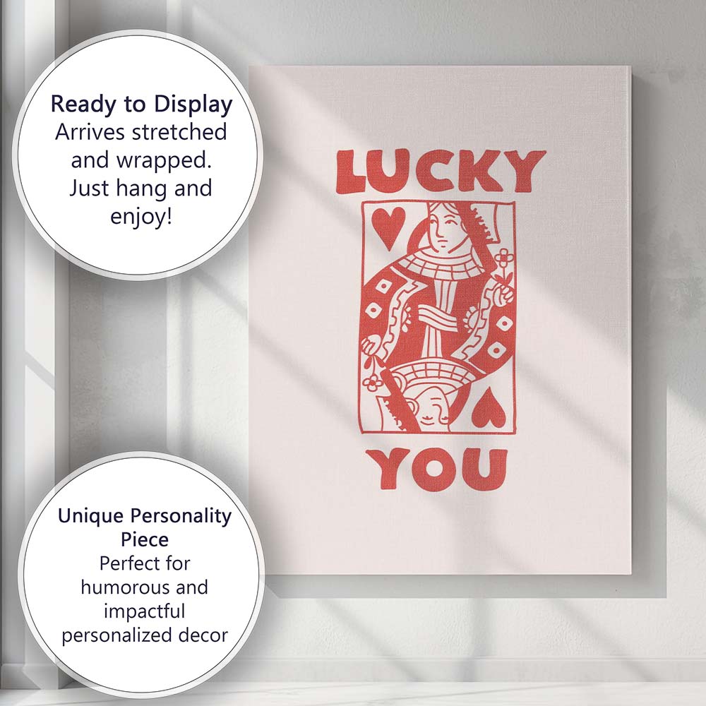 Lucky You Queen of Hearts Red Playing Card Illustration Canvas Wall Art Print Decor Picture Ready to Hang