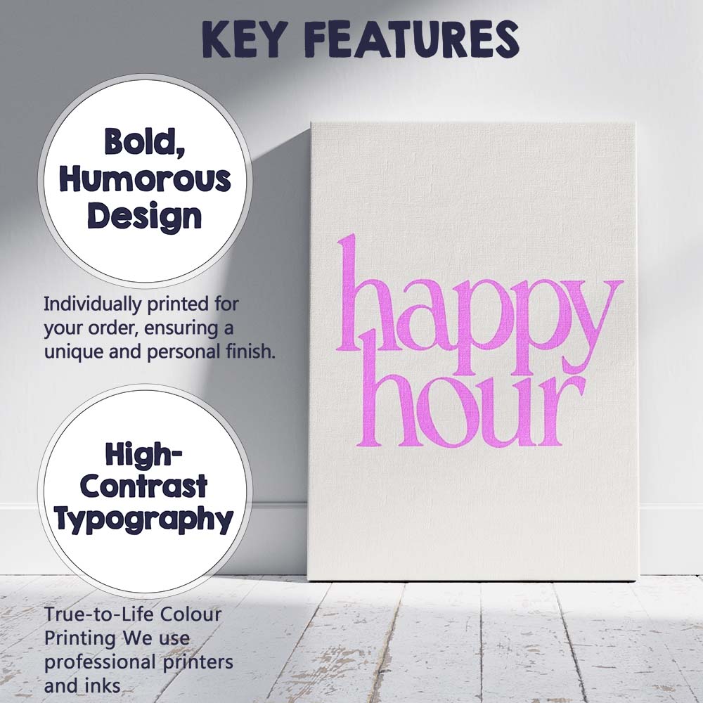 Pink Happy Hour Retro Typography Quote Canvas Wall Art Print Decor Picture Ready to Hang