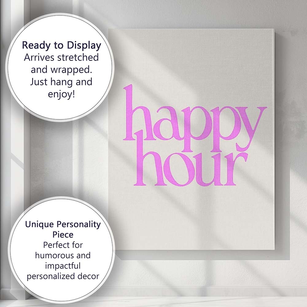 Pink Happy Hour Retro Typography Quote Canvas Wall Art Print Decor Picture Ready to Hang