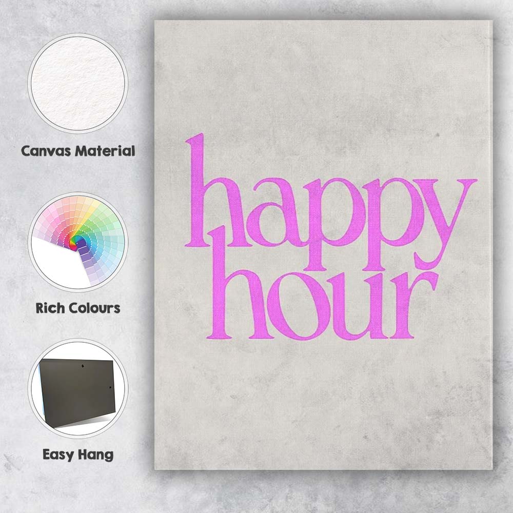 Pink Happy Hour Retro Typography Quote Canvas Wall Art Print Decor Picture Ready to Hang