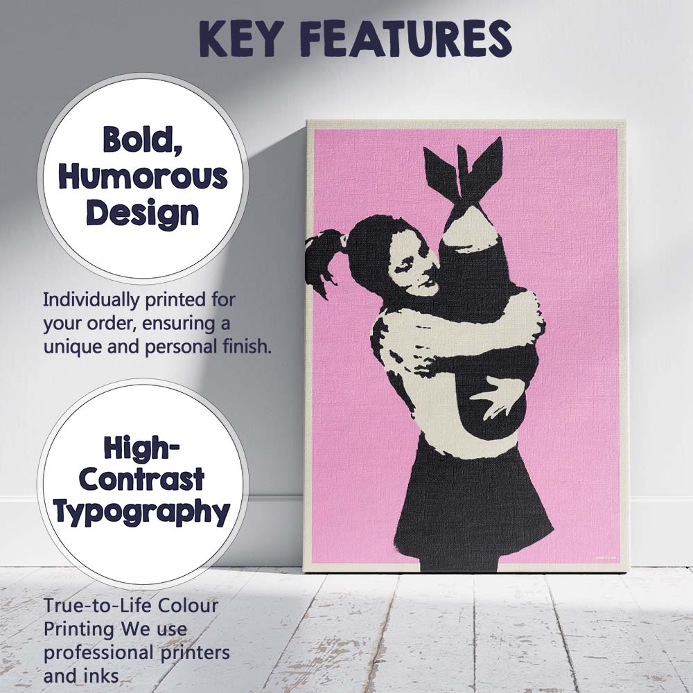 Banksy Style Girl Hugging Bomb Pink Street Art Canvas Wall Art Print Decor Picture Ready to Hang