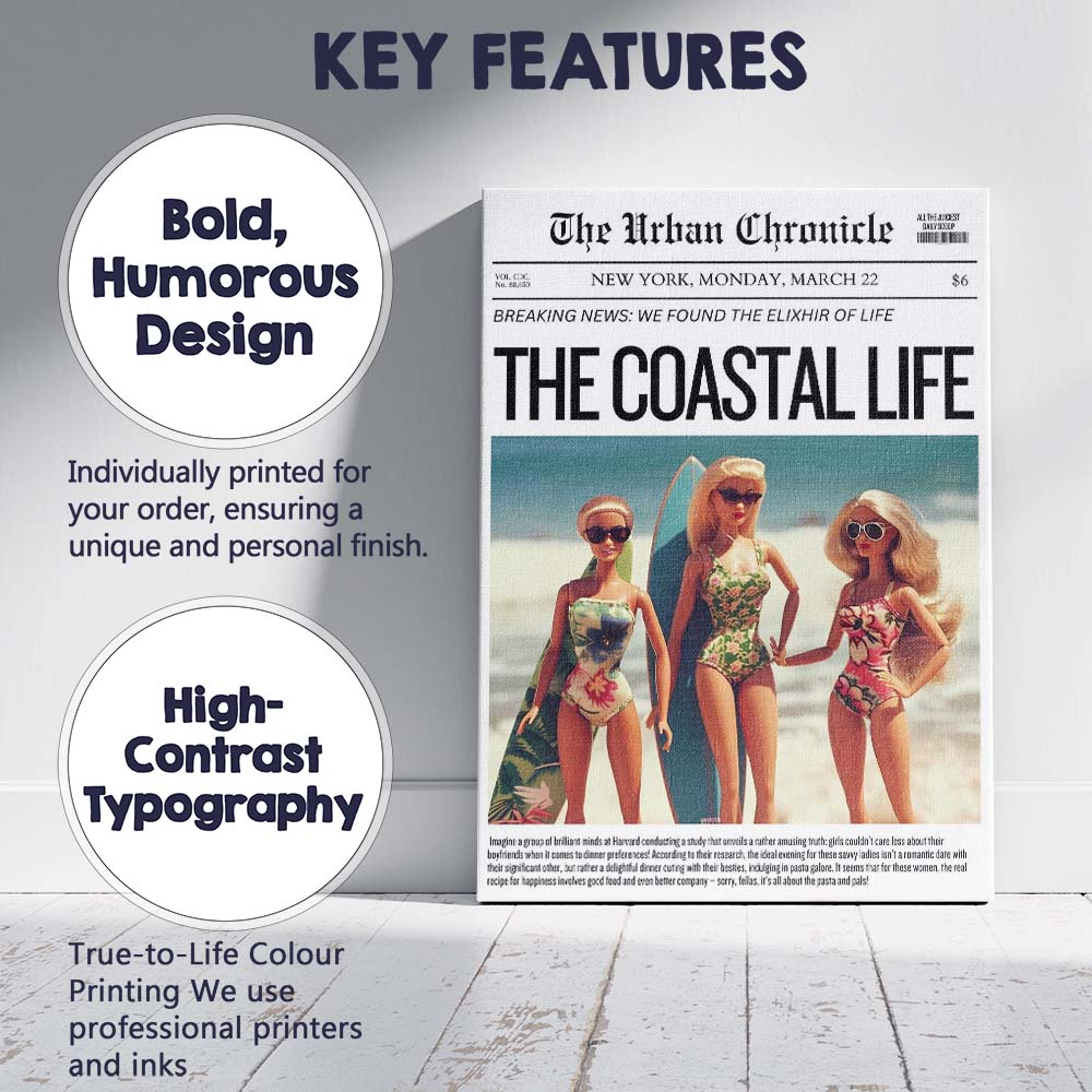 Coastal Beach Life Fashion Newspaper Front Page Poster Canvas Wall Art Print Decor Picture Ready to Hang