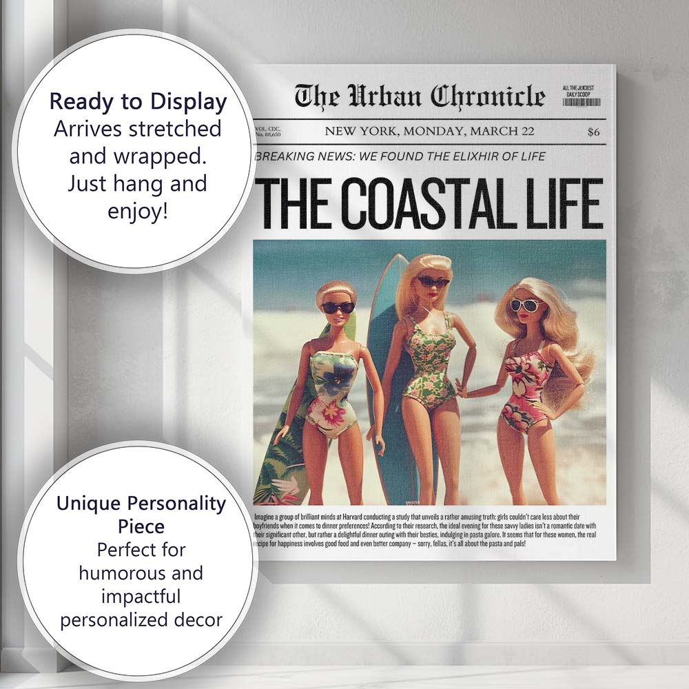 Coastal Beach Life Fashion Newspaper Front Page Poster Canvas Wall Art Print Decor Picture Ready to Hang