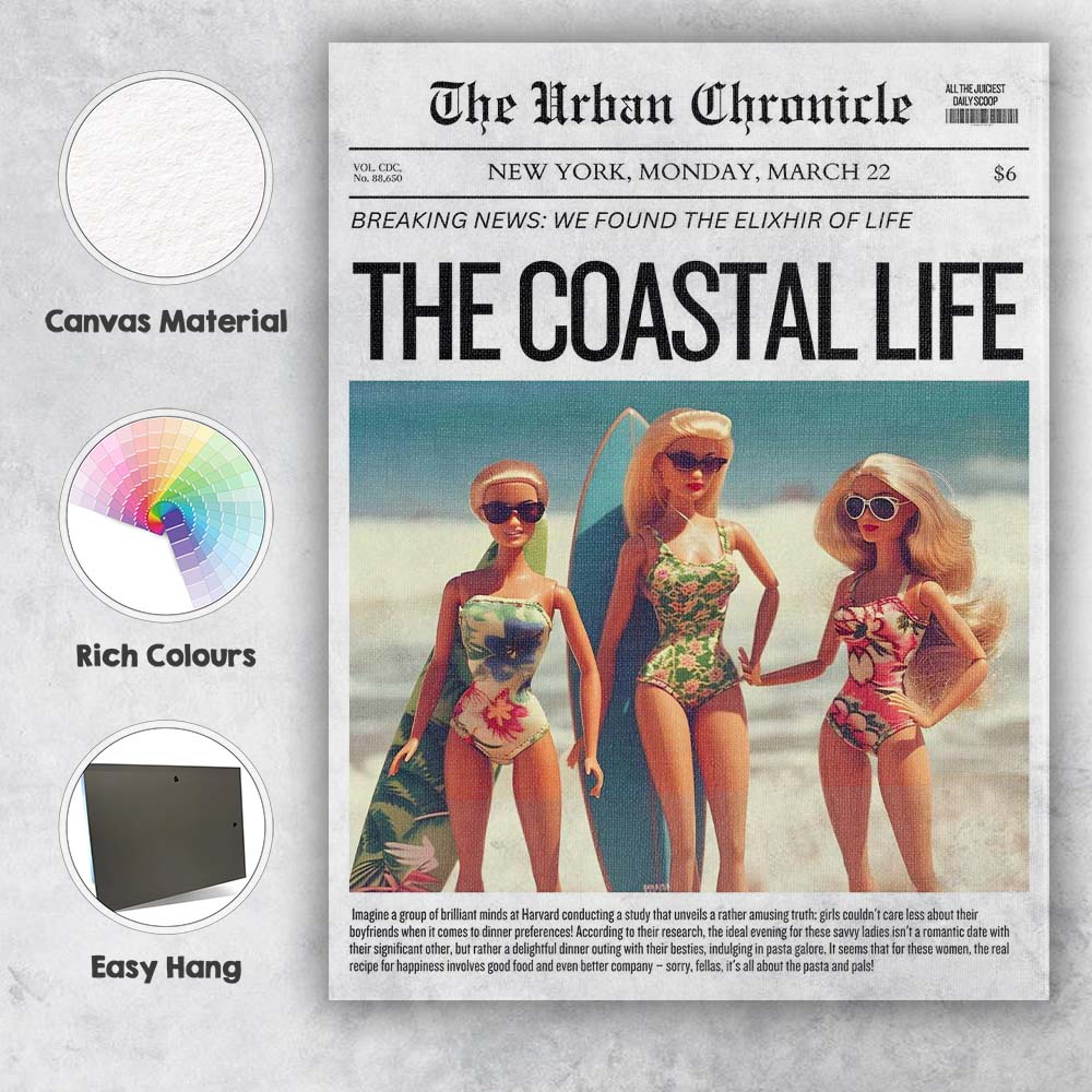 Coastal Beach Life Fashion Newspaper Front Page Poster Canvas Wall Art Print Decor Picture Ready to Hang