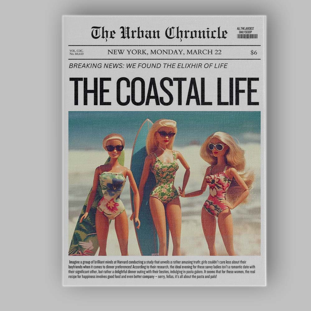 Coastal Beach Life Fashion Newspaper Front Page Poster Canvas Wall Art Print Decor Picture Ready to Hang