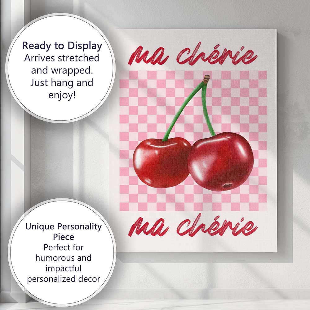 Pink Gingham Cherry Fruit Retro Kitchen Typography Canvas Wall Art Print Decor Picture Ready to Hang