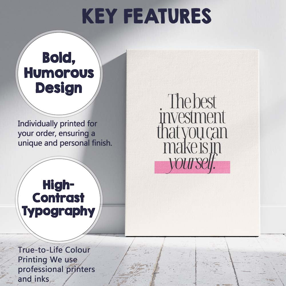 The Best Investment In Yourself Motivational Quote Minimalist Typography Canvas Wall Art Print Decor Picture Ready to Hang