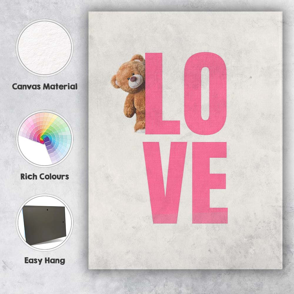 Cute Teddy Bear Pink Love Typography Nursery Canvas Wall Art Print Decor Picture Ready to Hang