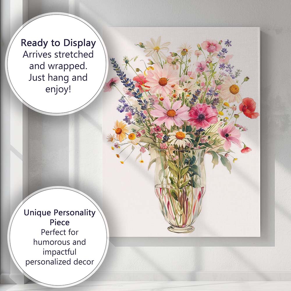 Pastel Wildflower Bouquet Glass Vase Botanical Watercolour Canvas Wall Art Print Decor Picture Ready to Hang