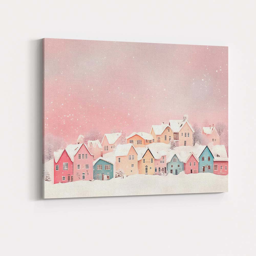 Pastel Pink Colourful Snowy Christmas Village Winter Watercolour Scene Canvas Wall Art Print Decor Picture Ready to Hang