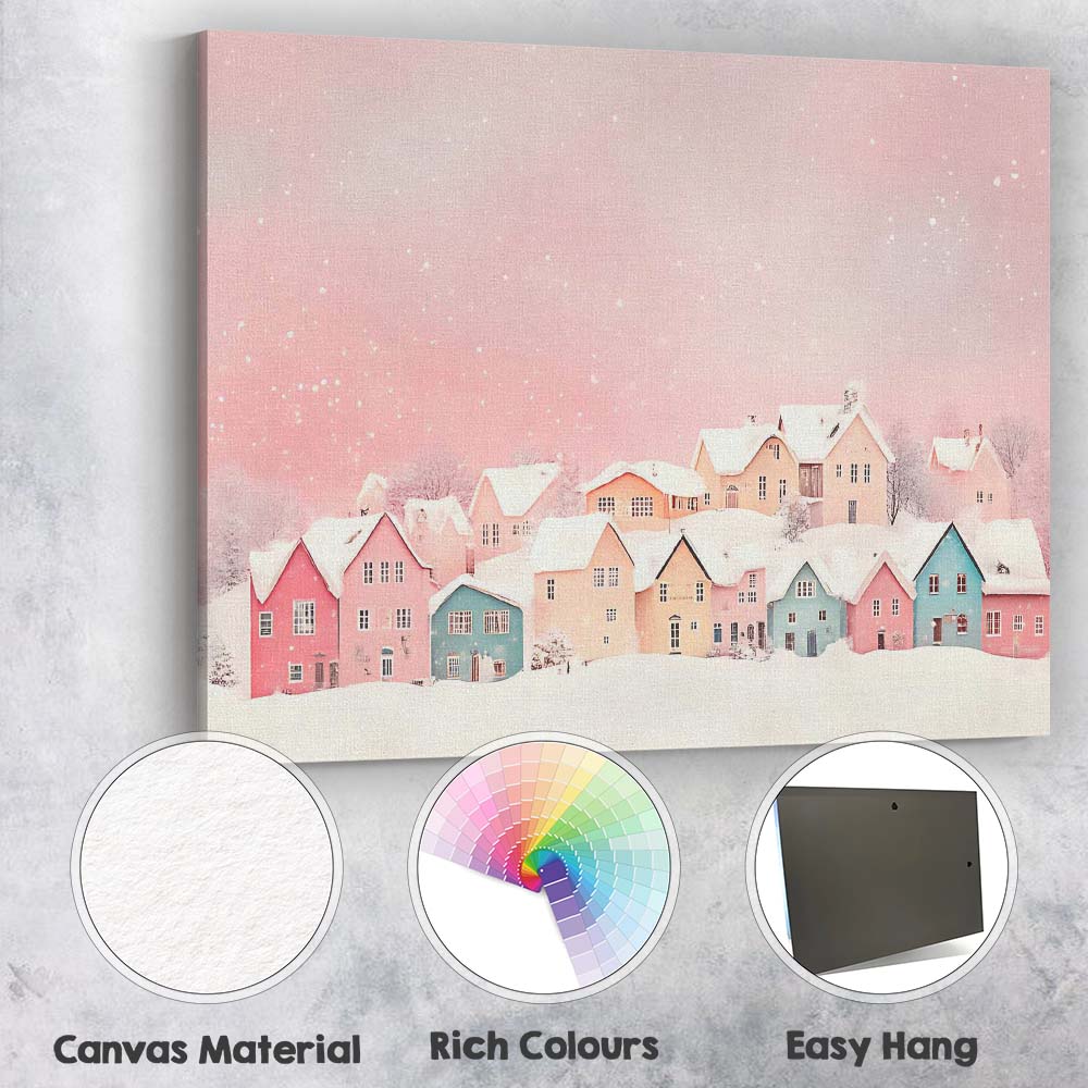 Pastel Pink Colourful Snowy Christmas Village Winter Watercolour Scene Canvas Wall Art Print Decor Picture Ready to Hang