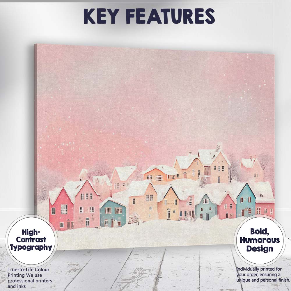 Pastel Pink Colourful Snowy Christmas Village Winter Watercolour Scene Canvas Wall Art Print Decor Picture Ready to Hang