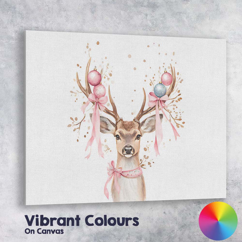 Watercolour Christmas Reindeer With Pink Baubles And Ribbon Antlers Canvas Wall Art Print Decor Picture Ready to Hang