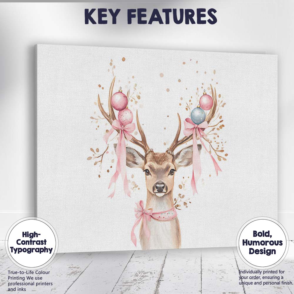Watercolour Christmas Reindeer With Pink Baubles And Ribbon Antlers Canvas Wall Art Print Decor Picture Ready to Hang