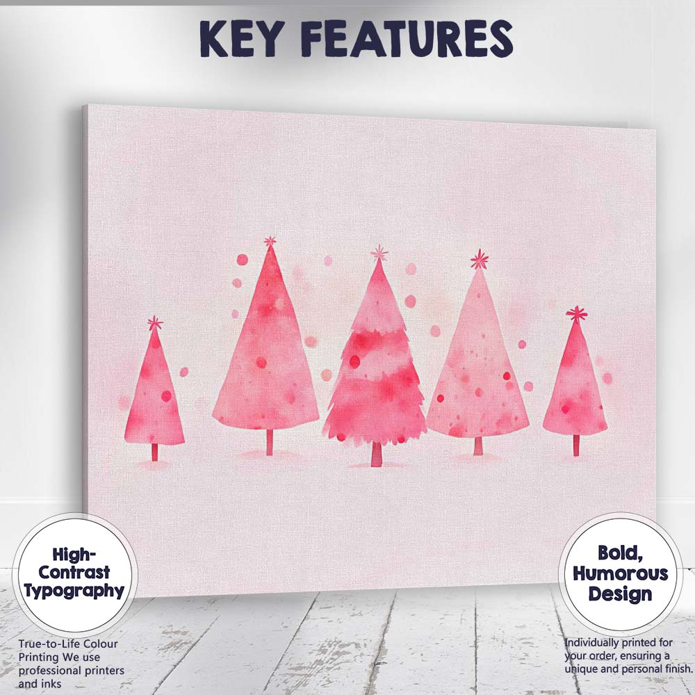 Minimalist Pink Watercolour Christmas Trees Festive Winter Forest Canvas Wall Art Print Decor Picture Ready to Hang