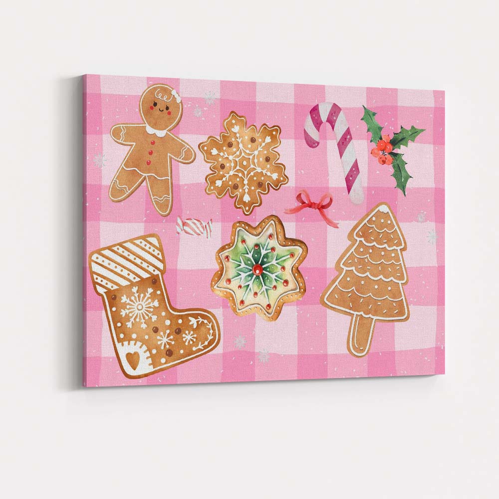 Cute Pink Gingerbread Christmas Cookies Festive Watercolour Pattern Canvas Wall Art Print Decor Picture Ready to Hang