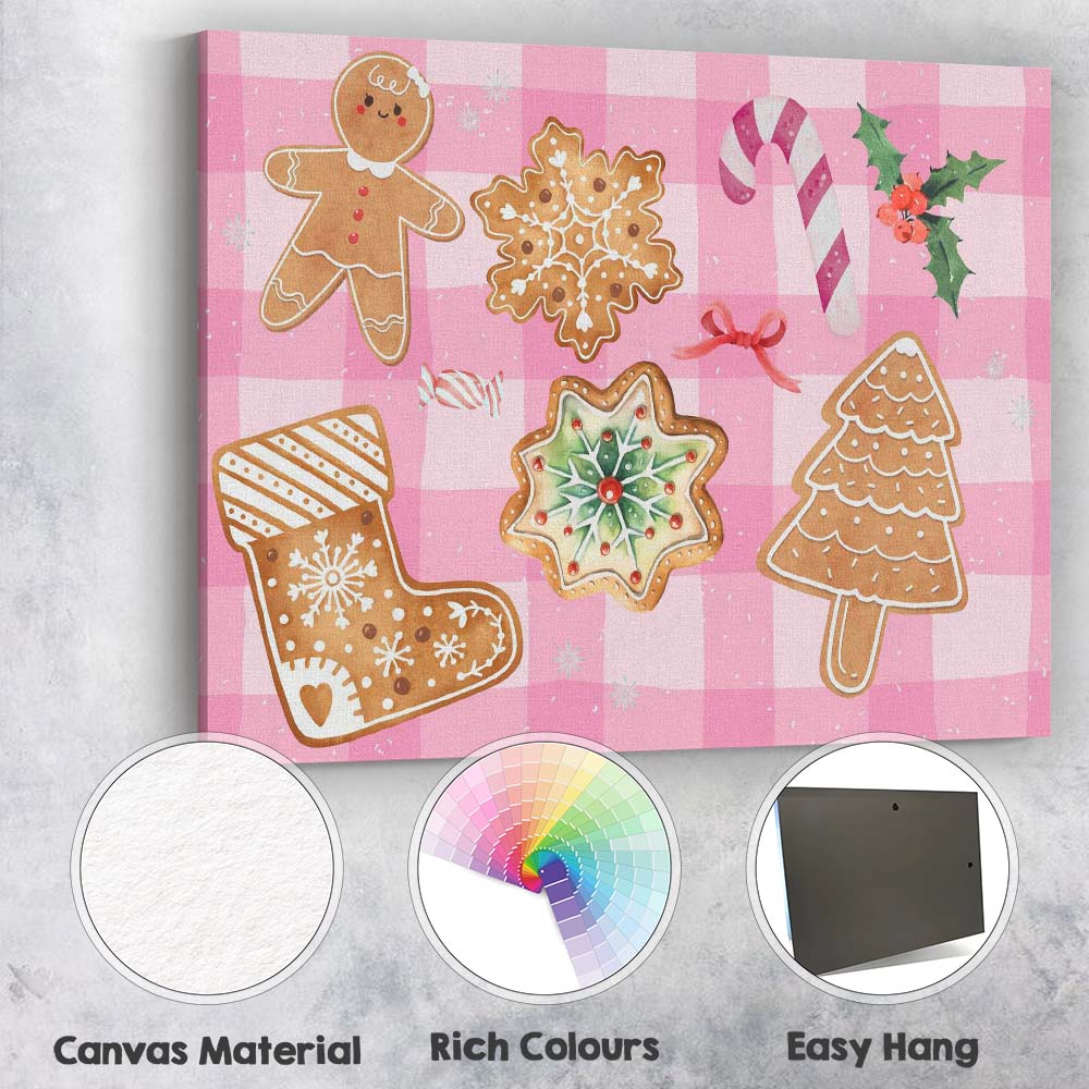 Cute Pink Gingerbread Christmas Cookies Festive Watercolour Pattern Canvas Wall Art Print Decor Picture Ready to Hang