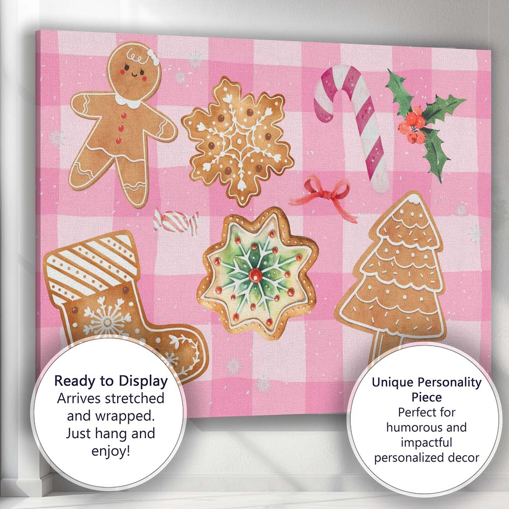 Cute Pink Gingerbread Christmas Cookies Festive Watercolour Pattern Canvas Wall Art Print Decor Picture Ready to Hang