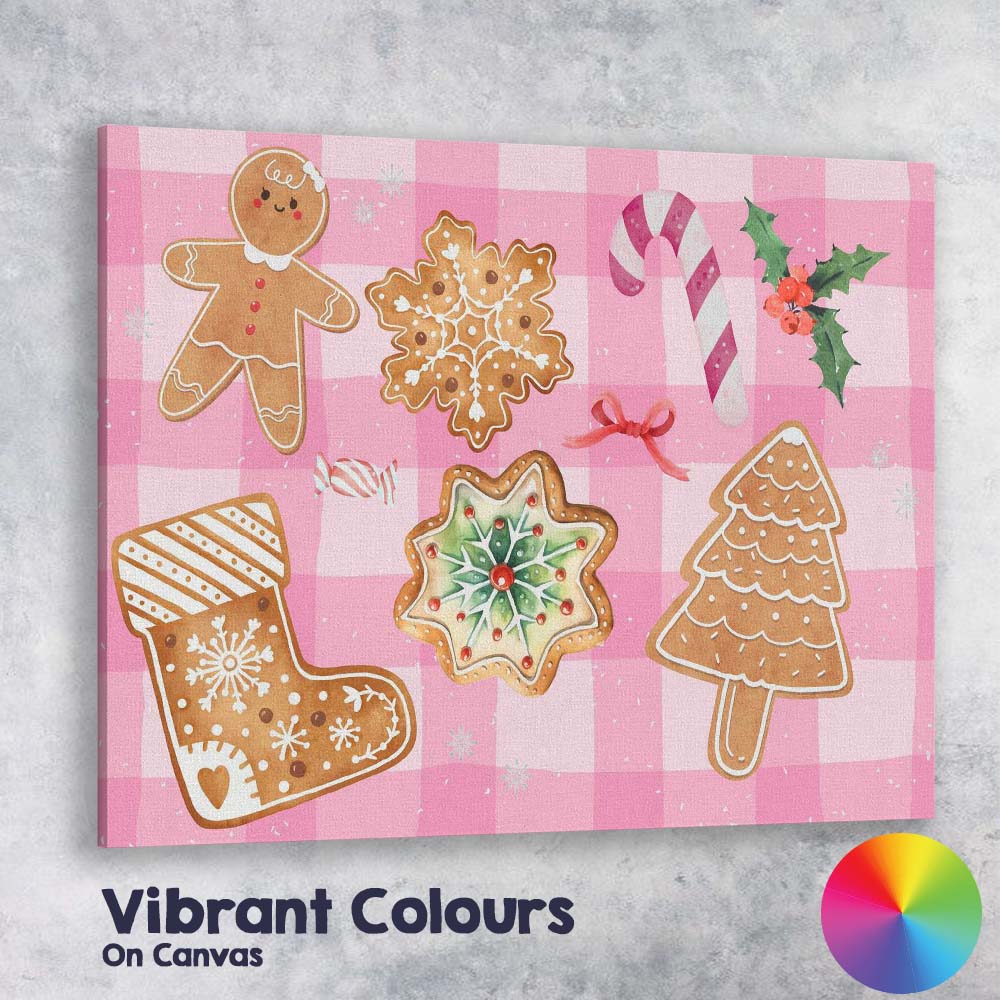 Cute Pink Gingerbread Christmas Cookies Festive Watercolour Pattern Canvas Wall Art Print Decor Picture Ready to Hang